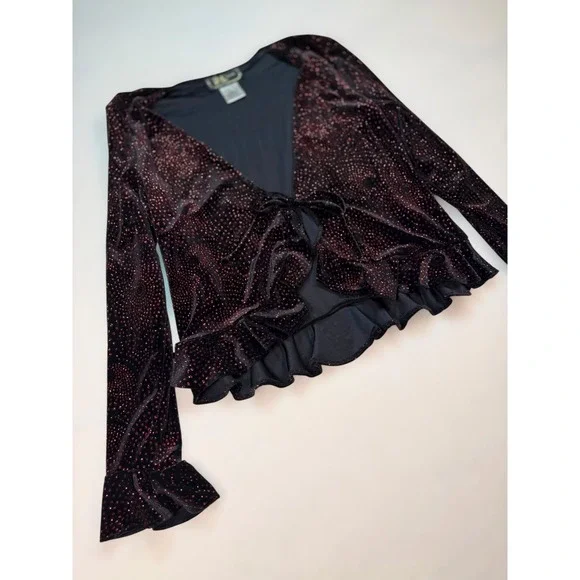 Vintage R&K Evening Velvet Glitter Tie Front Ruffle Emo Cardigan Top Red Gothic - Picture 2 of 5